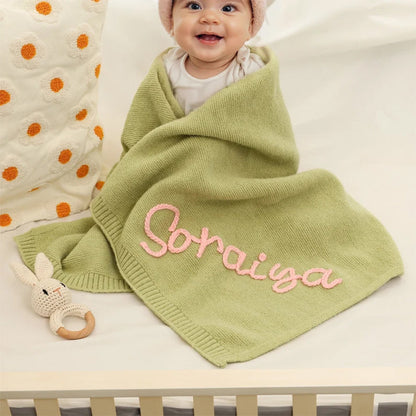 Personalized Hand-Embroidered Knit Baby Blanket Baby Name Blanket