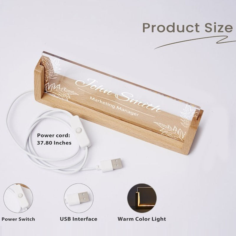 Personalized Desk Name Plate with Wooden Base, Lighted Acrylic Nameplate
