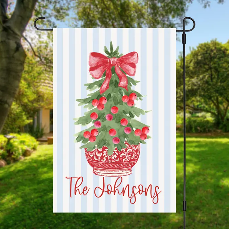 Watercolor Christmas Tree Flag Personalized Garden Flag Holiday Decor Custom Family Name