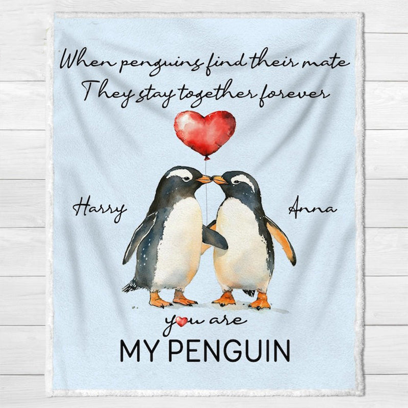 Personalized Valentine Couple Penguin Throw Blanket