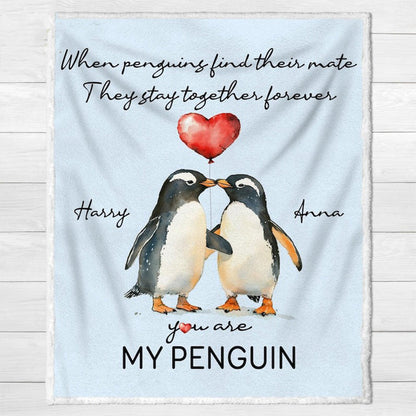 Personalized Valentine Couple Penguin Throw Blanket