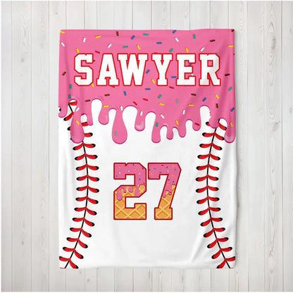 Personalized Baseball Blanket: Ice Cream Drip Design, Custom Name