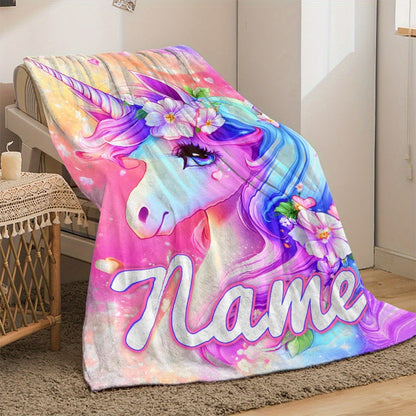 Custom Name Beautiful Dazzling Flower Unicorn Print Portable Blanket