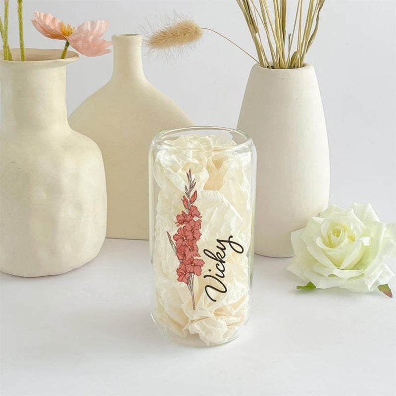 Personalized Birth Flower Tumbler With Name, Birth Flower Glass