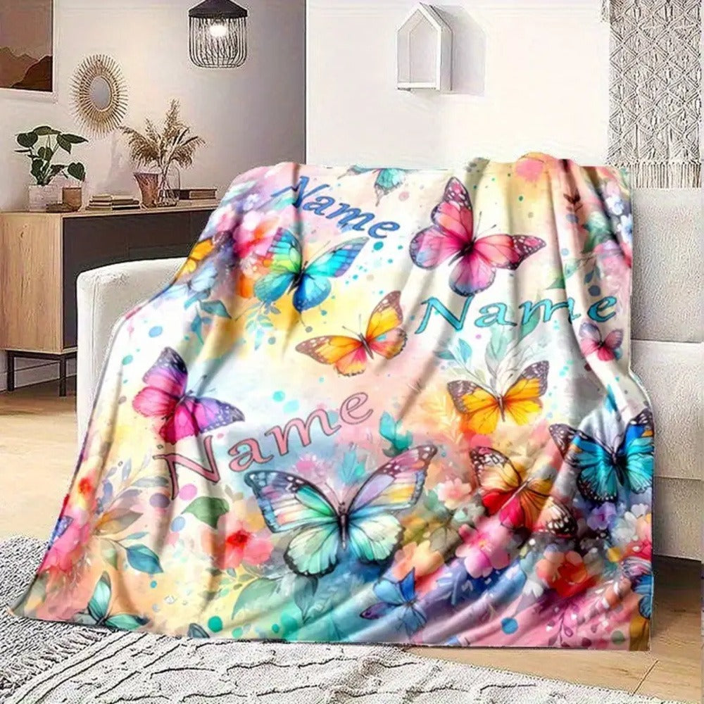 Personalized Butterfly & Floral Flannel Blanket