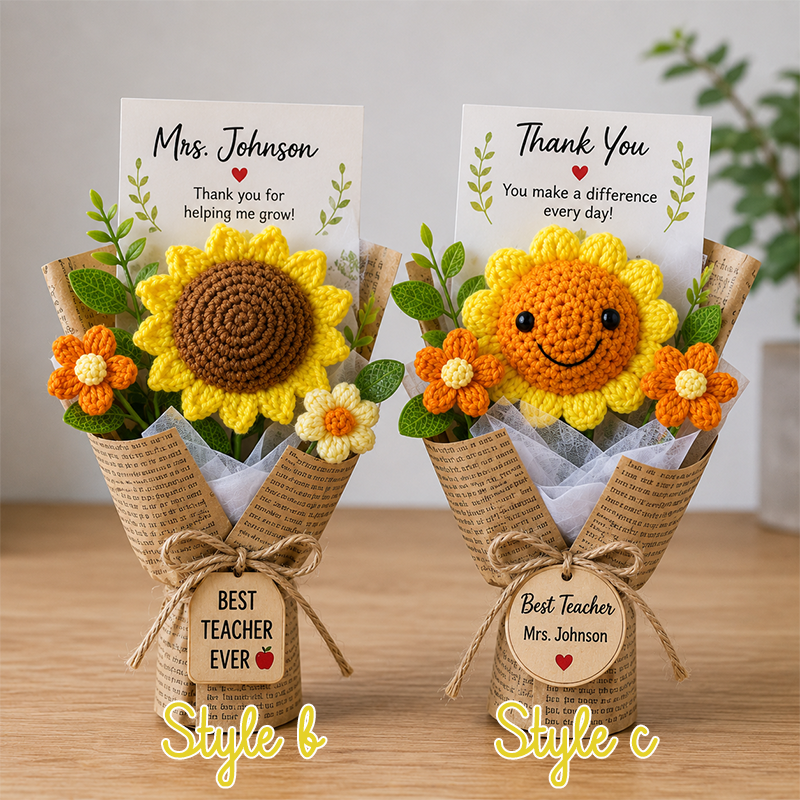 Crochet Flower Bouquet Handmade, Knitted Flower Gift, Personalization Thank You Teacher Gift