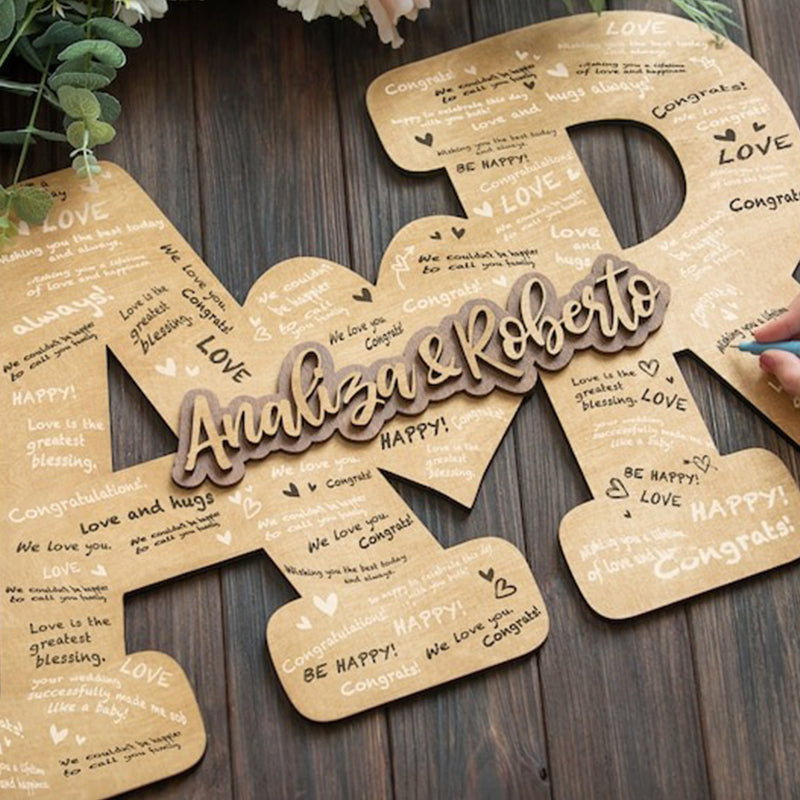Custom Guest Book Wedding Couple Names Sign, Engraved Wood Letters