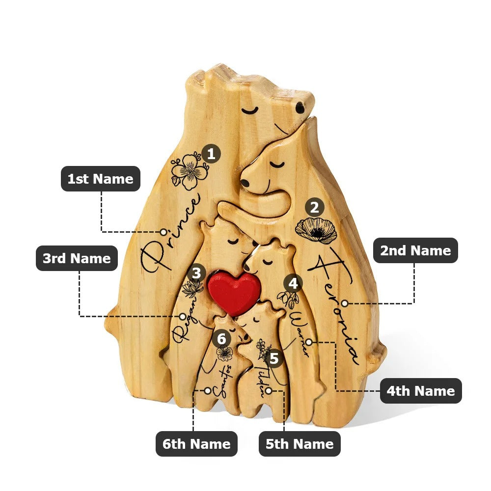 Personalized Red Heart Birth Flower Wooden Hug Bear Family Puzzle