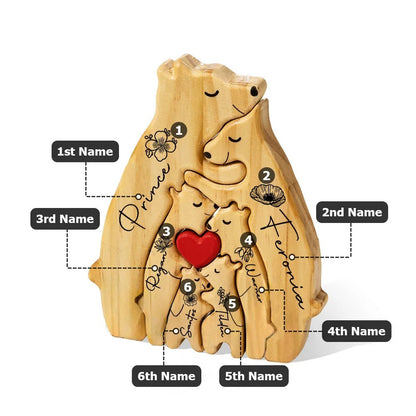 Personalized Red Heart Birth Flower Wooden Hug Bear Family Puzzle