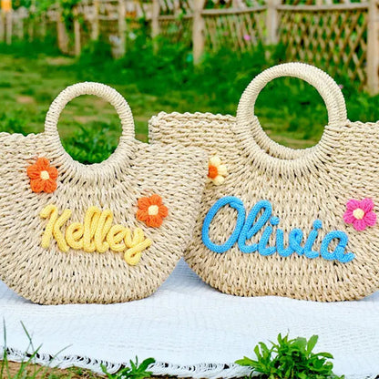Custom Straw Beach Bag, Bridesmaid Beach Bag Flower Girl Basket