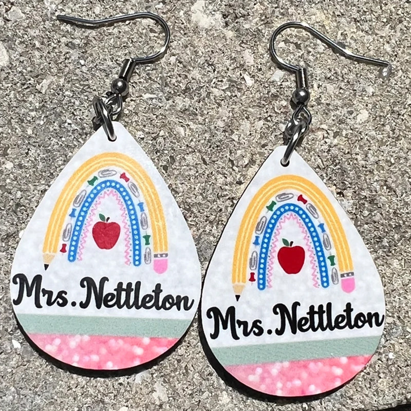 Personalized Teacher Earrings. Rainbow Pencil. Back to school