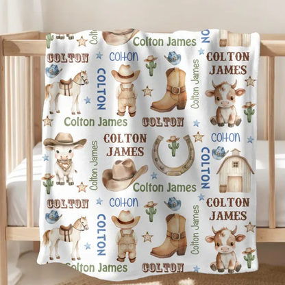 Personalized Cowboy Baby Boy Blanket, Custom Name Crib Blanket
