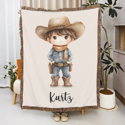 Personalized Cartoon Cowboy Tassel Blanket with Name