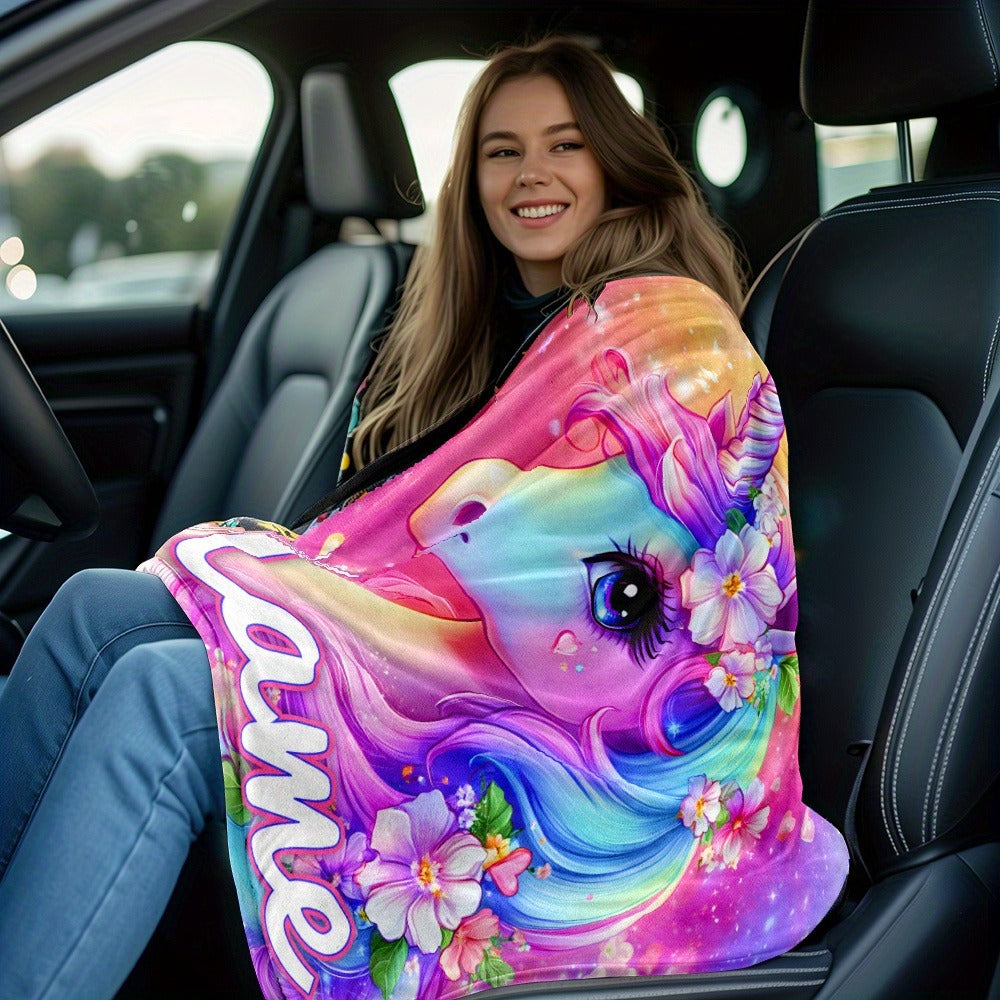 Custom Name Beautiful Dazzling Flower Unicorn Print Portable Blanket