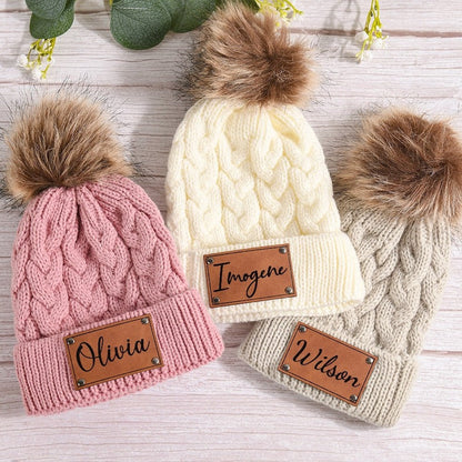 Leather Patch Beanies Kid Knitted Hat,Child & Adult