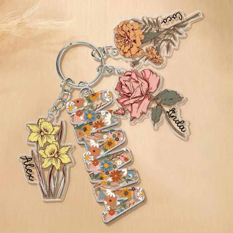 Personalized Mother's Day Gift For Mom, Custom Grandma Keychain With Birth Month Flowers