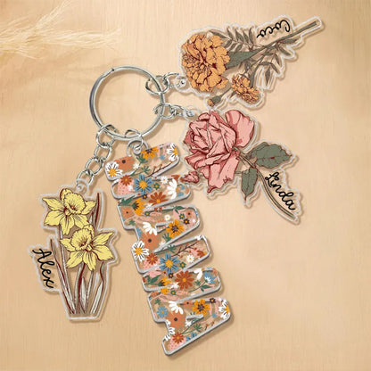 Personalized Mother's Day Gift For Mom, Custom Grandma Keychain With Birth Month Flowers