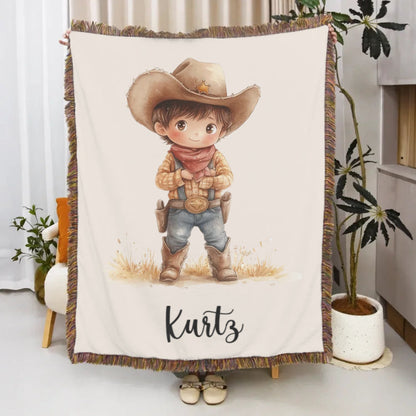 Personalized Cartoon Cowboy Tassel Blanket with Name