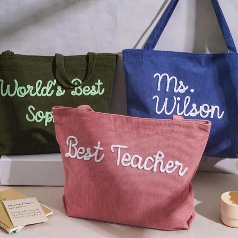 Personalized Corduroy Teacher Tote Bag,Hand Crochet Name Zipper bag
