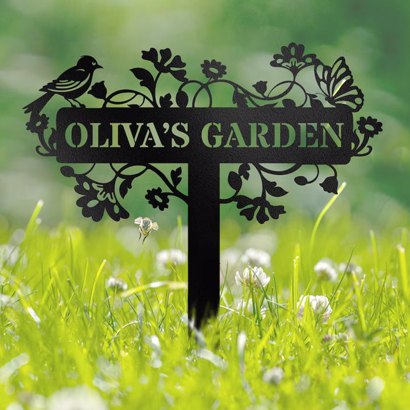 Custom Metal Garden Decor, Bird with Flower Garden Sign