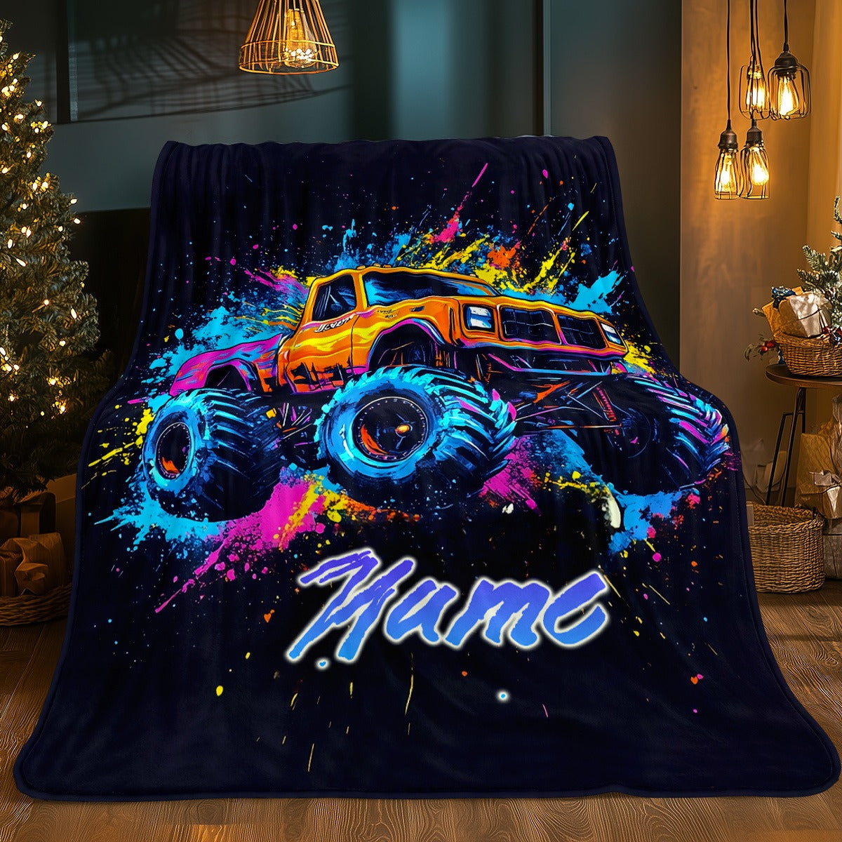 Personalized Monster Truck Flannel Blanket – Custom Name Ink Splitter Design