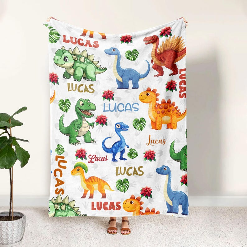 Personalized Dinosaur Blanket, Custom Name Dinosaur Blanket