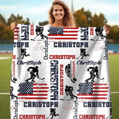 Personalized Hockey Boy US Flag Blanket Custom Name Patriotic Hockey Throw