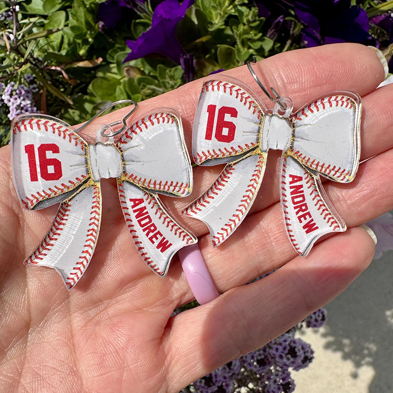 Custom Baseball Bow Earrings, Personalized Player Nam