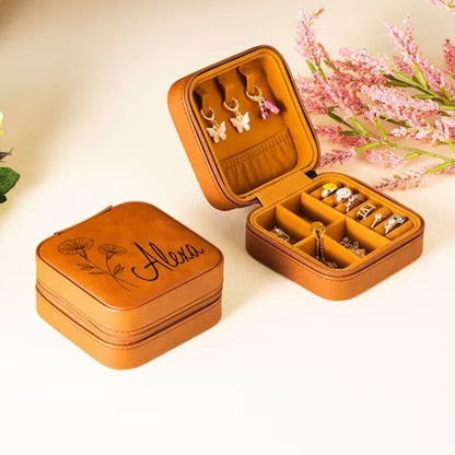 Birth Flower Jewelry Travel Case, Birth Month Flower Gift, Personalized Birthday Gift, Leather Jewelry Travel Case