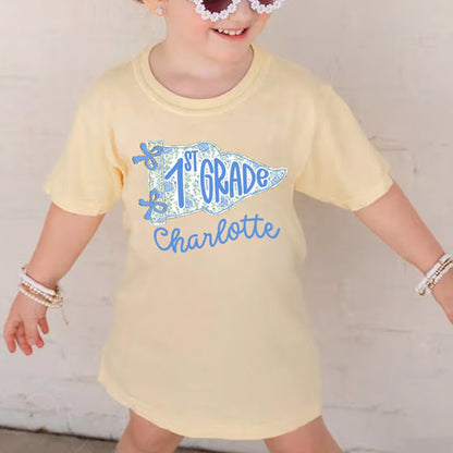 Personalized 1st Grade Shirt for Girls, Floral Pennant Back to School Shirt