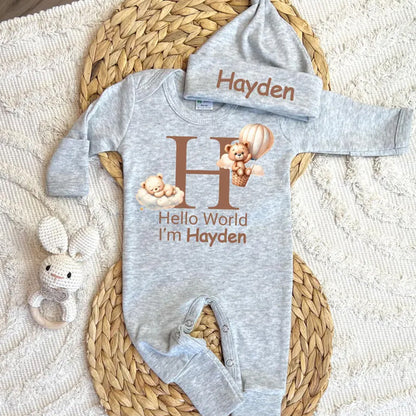 Personalized baby coming home outfit, romper hat set,