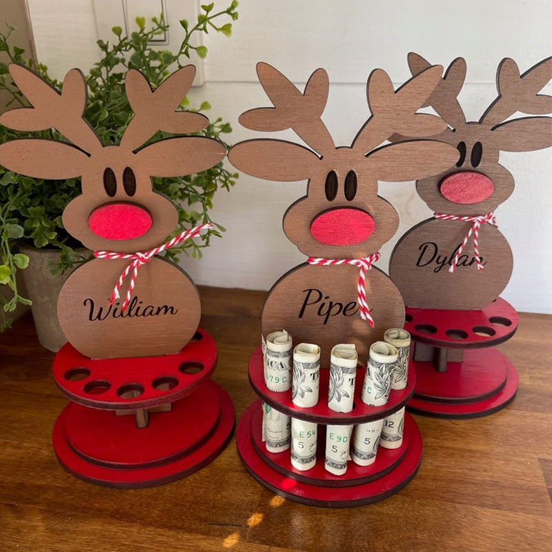 Freestanding Rudolph the Red Nose Reindeer Wooden Money Tree Money Holder with custom name