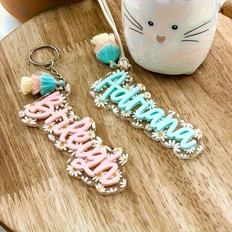 Personalized Floral Keychain for Women - Custom Name in Pastel Pink, Mint, Green, Lavender