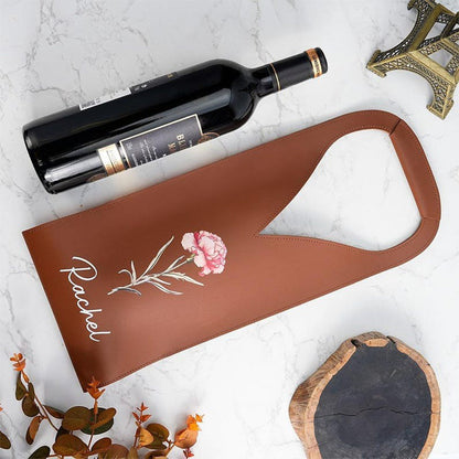 Personalized Birth Flower Leather Wine Bag with Name and Handle Protective Wine Accessories