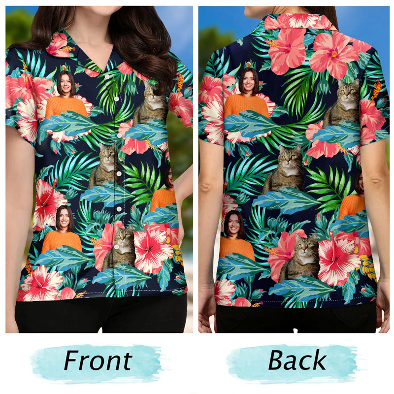 Personalized Photo Hawaiian Shirt Custom Dog Cat Face Holiday Tropical Pattern Shir