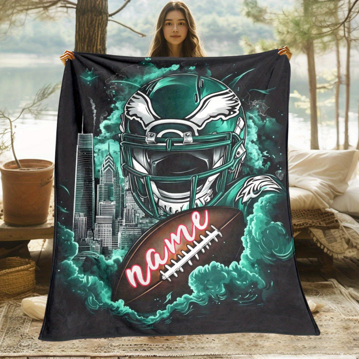 Custom Name Football & Helmet Flannel Throw Blanket