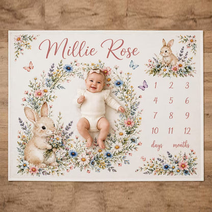 Personalized Bunny Floral Milestone Blanket, Customized Baby Month Flowers Blanket