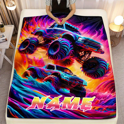 Custom Name Monster Truck Flannel Blanket - Vibrant Oil Painting Design