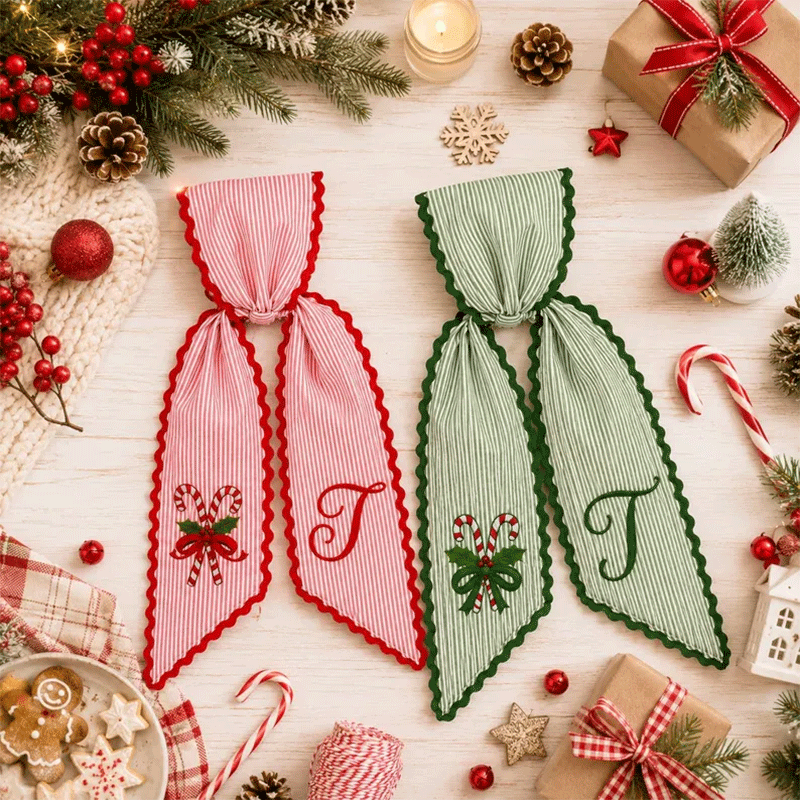 Personalized Christmas Wreath Sash, Pink Stripe Monogram Door Bow