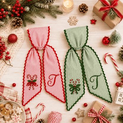 Personalized Christmas Wreath Sash, Pink Stripe Monogram Door Bow