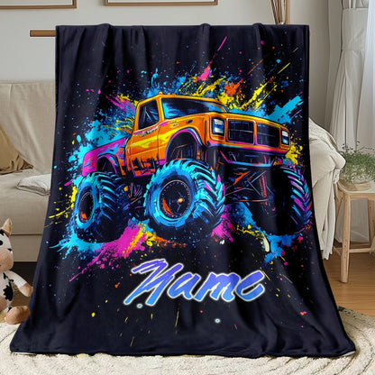 Personalized Monster Truck Flannel Blanket – Custom Name Ink Splitter Design