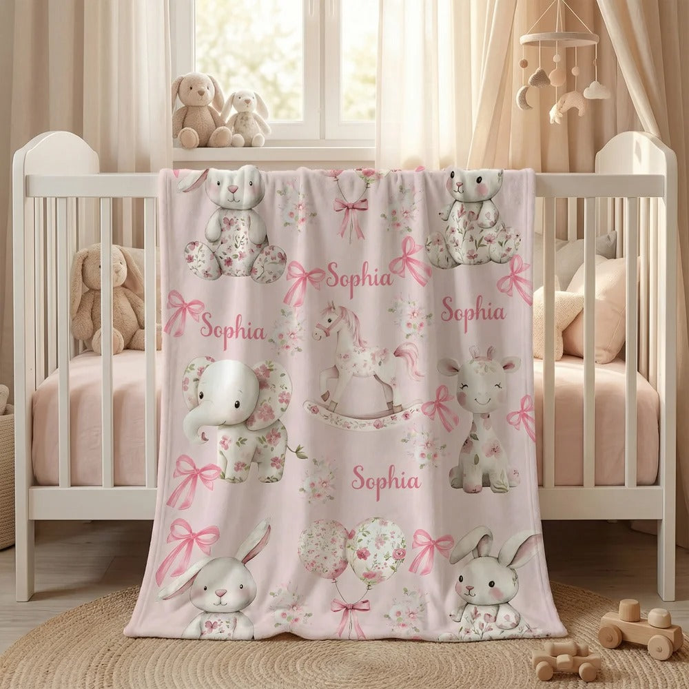 Personalized Floral Bunny Elephant Ponny Pink Soft Throw Blanket
