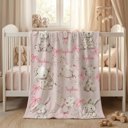 Personalized Floral Bunny Elephant Ponny Pink Soft Throw Blanket