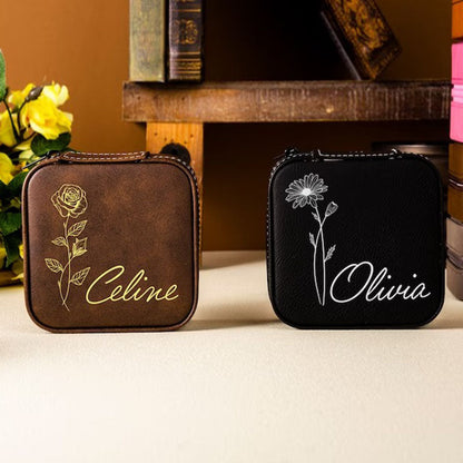 Birth Flower Jewelry Travel Case, Birth Month Flower Gift, Personalized Birthday Gift, Leather Jewelry Travel Case