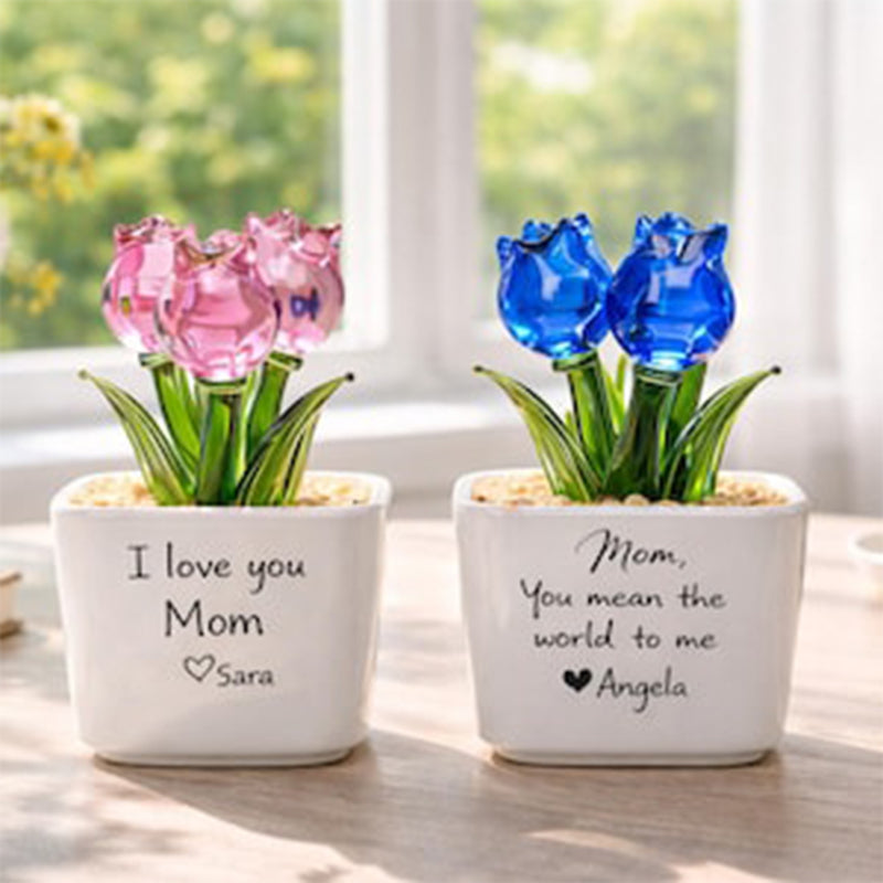 Personalized Glass Everlasting Tulips, Glass Flower Pot, Handmade Gift for Mom