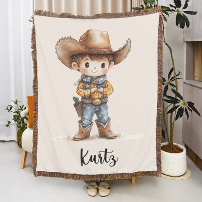 Personalized Cartoon Cowboy Tassel Blanket with Name
