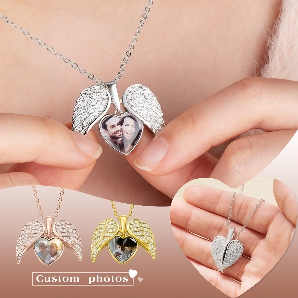 Personalized  Angel Wing Photo Locket Necklace