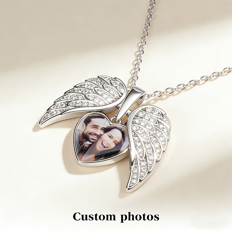 Personalized  Angel Wing Photo Locket Necklace