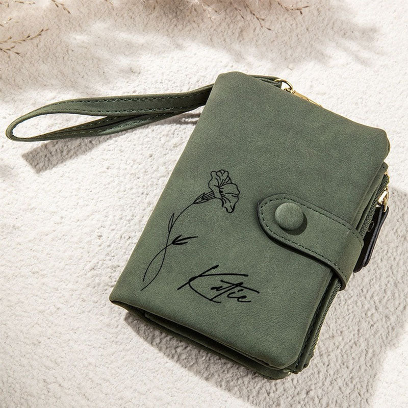 Personalized Vegan Leather Wallet Birth Flower Wallet Tri-Fold Wallet
