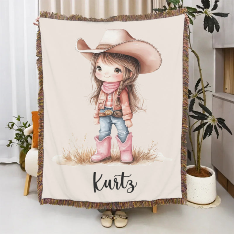 Personalized Cartoon Cowboy Tassel Blanket with Name